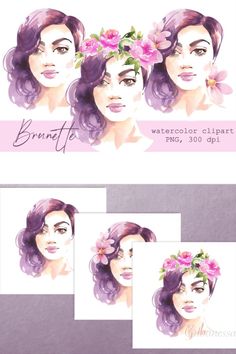 watercolor png clipart with beautiful girls Portraits Watercolor, Spring Png, Girls Png, Painting Spring, Watercolor Girl, Beautiful Brunette, Watercolor Png