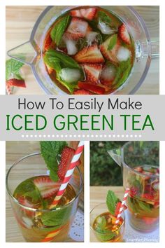 how to make iced green tea with strawberries, mint and lemons in a pitcher