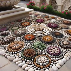 an artisticly designed rug made out of rocks and stones with flowers in the center