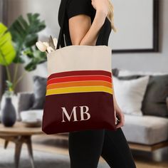 Retro Stripes Monogram Tote Bag Monogram Tote Bags, Name Initials, Monogram Tote, Retro Stripes, Free Birthday Stuff, Shoulder Tote