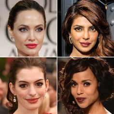 four different pictures of women with red lipstick on their faces and one has brown hair