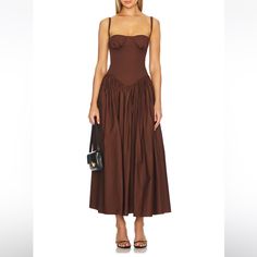 Tularosa Emma Midi Dress In Chocolate Brown. Size Xs. Worn Once (As Shown In Photo, Desperately Needed A Steam - I Also Have No Boobs, Unfortunately.) Incredibly Flattering. Refer To Measurements On Website For Sizing. Brown Dress Revolve. Purchased From Revolve. Fitted Brown Maxi Dress For Brunch, Basque Waist, Corset Midi Dress, Chocolate Brown Color, Corset Bodice, Skirt Midi, Romantic Dress, Strapless Tops, Silk Charmeuse