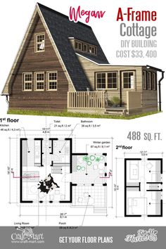 the floor plan for a small cabin home with lofts and living quarters, is shown in