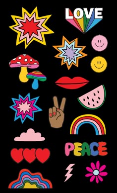 an assortment of colorful stickers on a white background with the words love and peace