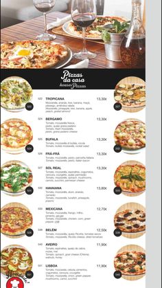 a menu with different types of pizzas and glasses on the table in front of it