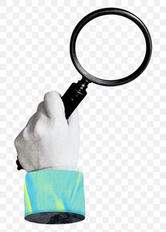 a hand holding a magnifying glass over a white background