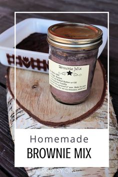 homemade brownie mix in a mason jar on a wood slice with text overlay