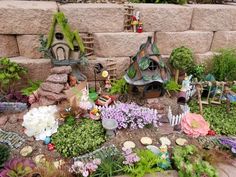 a fairy garden with lots of flowers and plants