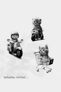 black and white photo of three cats riding scooters, one with a cat in the back