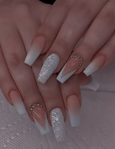 Nails Acrylic Square Neutral, Coffin Bridal Nails Wedding, Nails Acrylic Crystal, Hollywood Nails Ideas, Coffin Shape Wedding Nails, Grad Nail Designs, Short Nail Designs For Graduation, Glittery French Tip Nails Square, 15 Birthday Nails Acrylic