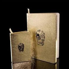 an open book with two skulls on the front and back cover, sitting on a black surface