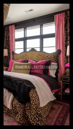 a leopard print bed in front of a window with pink drapes and black curtains