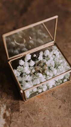 two wedding rings in a glass box filled with white flowers on the floor at a wedding