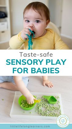 a baby eating peas with the words taste safe sensory play for babies