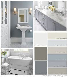 the bathroom is painted in shades of gray and white