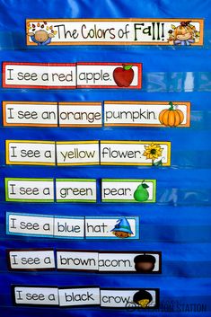 the colors of fall bulletin board is shown with words and pictures for each word in it