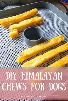 homemade cheesy dog treats on a grill with the words diy himalayan chews for dogs