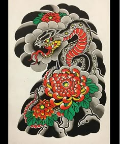 Skull Artwork Illustrations, Japanese Snake Tattoo, Tattoo Japanese Style, Skull Art Tattoo, Gangsta Tattoos, Snake Tattoo Design, Snake Art