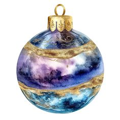 a glass ornament with a blue and purple design on the top, gold trimmings