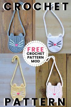 three crochet purses with cats on them and the text, free pattern