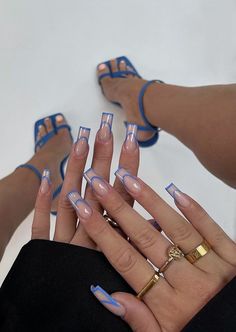 Blue French Tip Nails, Blue French Tip, Nails Edgy, Hello Nails, Broken Nails, Blue Acrylic Nails, Baby Nails, Summery Nails, Girly Acrylic Nails