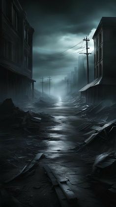 a dark alley with buildings and street lights in the distance, on a gloomy night