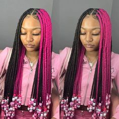 Pink Braids With Beads, Black And Pink Braids, Winter Protective Styles, Knotless Braids With Beads, Protective Styles For Natural Hair, Summer 2023 Style, Pink Braids