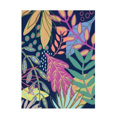 colorful leaves and berries on a dark blue background with green, yellow, pink, orange, and purple colors