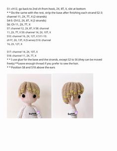 a crocheted doll is shown with instructions to make it look like she has blonde hair