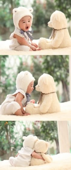 two pictures of a baby playing with a teddy bear