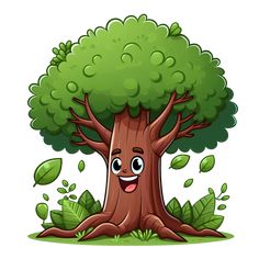 a cartoon tree with leaves around it's trunk and smiling face, on a white background