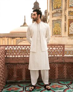 Eid Cotton Silk Bandhgala With Dabka Work, Elegant White Chanderi Nehru Jacket, Traditional Chanderi Sherwani With Naqshi, Wedding Cotton Silk Nehru Jacket With Cutdana, Wedding Nehru Jacket With Cutdana On Cotton Silk, Off White Traditional Wear With Dabka For Designer Occasions, Elegant Cotton Silk Nehru Jacket, White Chanderi Bandhgala With Cutdana, Elegant Cotton Silk Nehru Jacket For Wedding