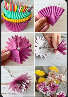 the steps to make paper flowers are shown