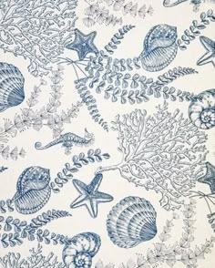 a blue and white wallpaper with seashells, starfish, and seaweed