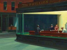 an oil painting of people sitting at a bar in front of a building with the lights on