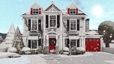 a large white house with red doors and snow on the ground