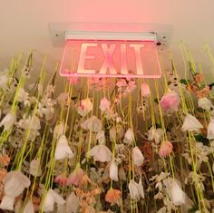 a neon exit sign hanging from the ceiling with flowers and grass in front of it