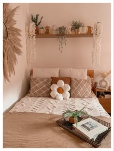 Beige, bedroom, natural bedroom, ideas for bedroom, plants, SHEIN, Daisy pillow, floating shelf
