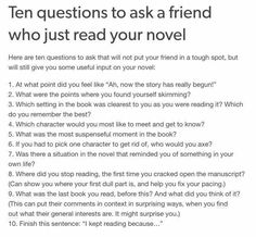 an open book with the words, ten questions to ask a friend who just read your novel