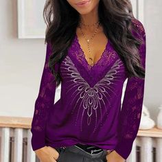 Elegant Lace Women Sequined Blouse Cotton Style, Elegant Woman, Red Blue, Long Sleeve T Shirt