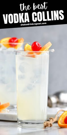 two glasses filled with vodka and garnished with fruit