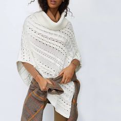 Brand New With Tags Nwt Anthropologie Judy Asymmetrical Poncho Pullover With A Playful Asymmetrical Trim And A Knit Finish, This Roomy Poncho Is A Luxuriously Warm Layer. 100% Cotton Textured Detail Poncho Silhouette Pullover Styling Hand Wash Dimensions 20.5"L Oversized Sweater With Asymmetrical Hem, White Knit Poncho For Fall, White Poncho For Layering, Chic Long Sleeve Poncho, Casual Turtleneck Poncho, White Knit Poncho, Chic Batwing Sleeve Poncho For Fall, Oversized White Poncho For Fall, Chic White Poncho For Fall