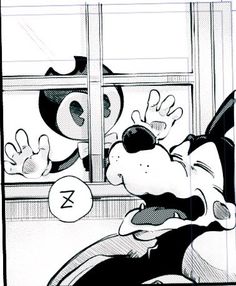 an image of mickey mouse looking out the window at another cartoon character holding something in his hand