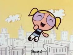 a cartoon girl is flying through the air with her eyes closed and head tilted to the side