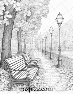 a drawing of a park bench next to a tree and street lamp with leaves on the ground