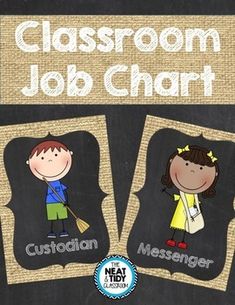 classroom job chart with two children on the front and one in the back, each holding a broom