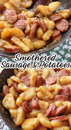 two pans filled with sausage and potatoes