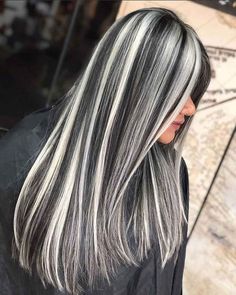 A long haircut with black and blonde hair is a bold statement if you want to stand out from the crowd. Hair maintenance is a must if you want to keep these long, beautiful, dark-colored tresses. Visit the link to see the 26 straight layered hair ideas. // Photo Credit: @colorsmechass on Instagram Grey Hair Highlights, Layered Hair Ideas, Long Grey Hair, Silver Hair Highlights, Grey Hairstyles, Long Silver Hair, Straight Layered Hair, Silver Blonde Hair, Dramatic Hair