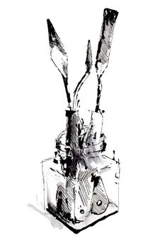 black and white ink drawing of flowers in a glass vase with two spoons sticking out of it