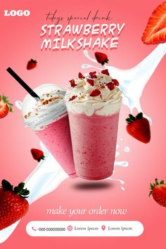 strawberry milkshake with whipped cream and strawberries on pink background, advertising advertisement